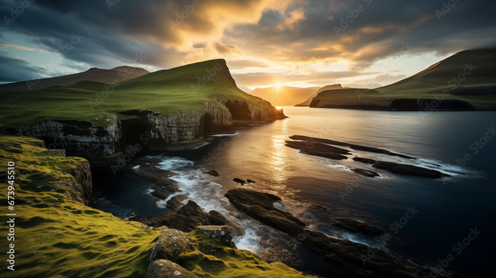 Aerial panorama view of the Faroe Islands in norway at sunset with beautiful dramatic sky, Vacation travel, Peaceful nature landscape