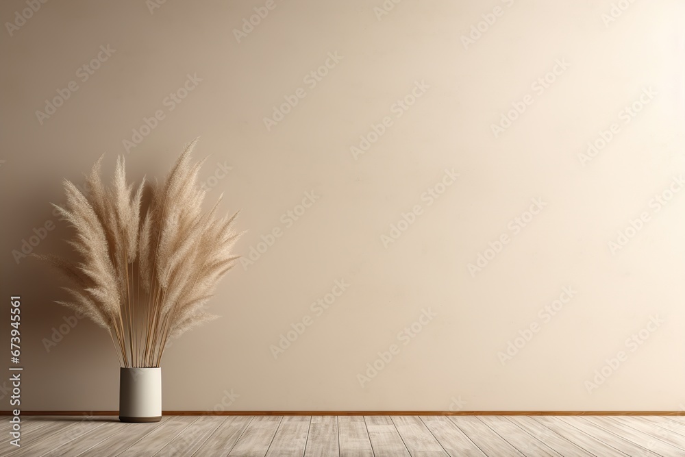 Room with wooden floor, beige wall and empty space. Pampas grass in vase. Mock up interior. Copy space for your furniture, picture, poster, decoration and other objects.
