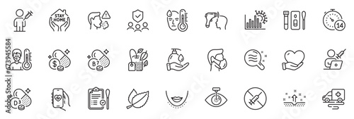 Icons pack as Skin condition, Medicine price and Chin line icons for app include Nasal test, Medical mask, Stay home outline thin icon web set. People vaccination, Thermometer. Vector