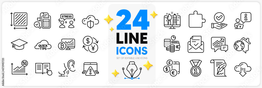 Icons set of Cloud download, Quick tips and Bitcoin chart line icons pack for app with Online warning, Best rank, Feather thin outline icon. Puzzle, Currency rate, Interview pictogram. Vector