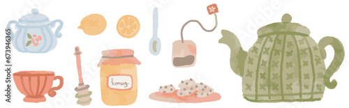 Watercolor tea set. Hand drawn watercolor sketch cup of tea, teapot cookies, lemon and honey. Cozy Vector collection