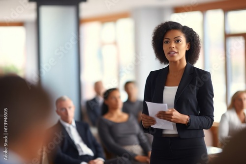 Black Female Business Person Speaking Corporate Backdrop Generative AI photo