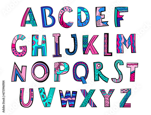 Pop art hand drawn alphabet in modern simplistic style.