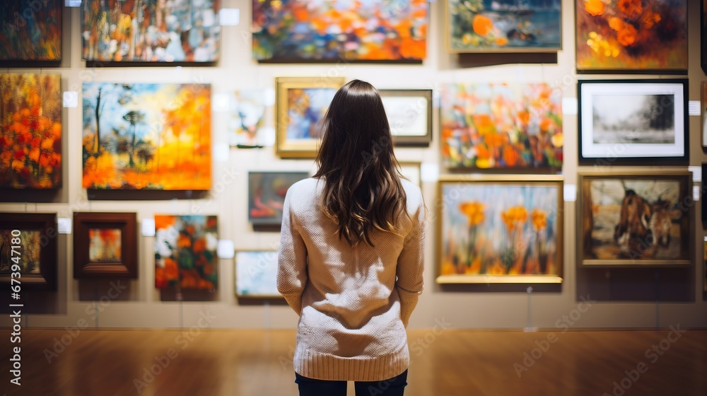 Fototapeta premium A shopper examining a piece of artwork in a mall art gallery
