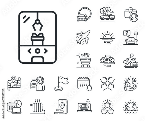 Amusement park sign. Plane jet, travel map and baggage claim outline icons. Crane claw machine line icon. Carousels symbol. Crane claw machine line sign. Car rental, taxi transport icon. Vector