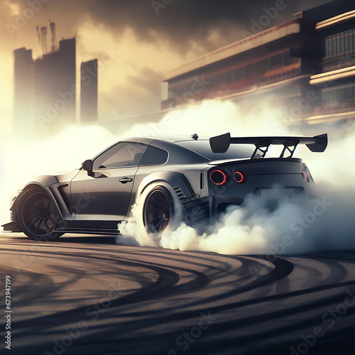 Photo luxury sport car drifting on city street racing car in smoke from burning tires generative ai photo