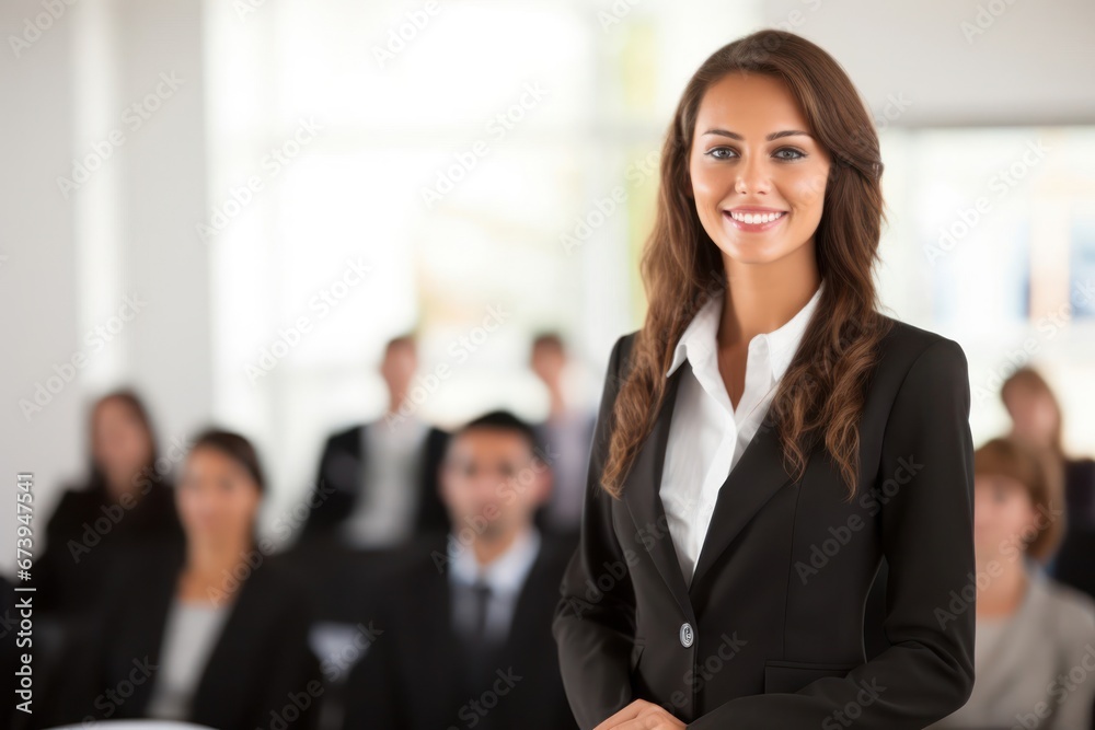 Caucasian Female Sales Speaker Presenting Corporate Backdrop Generative AI Caucasian Female Sales Speaker Presenting Corporate Backdrop Generative AI