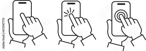ensemble d'icônes vectorielles représentant des mains utilisant un smartphone, ou un téléphone. Noir sur fond blanc. photo