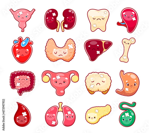 Cartoon sick body organ characters. Injured and unhealthy bladder, kidney, tooth, heart and thyroid, liver, bone, intestine and uterus, stomach, blood, drop, lungs isolated vector organs personages