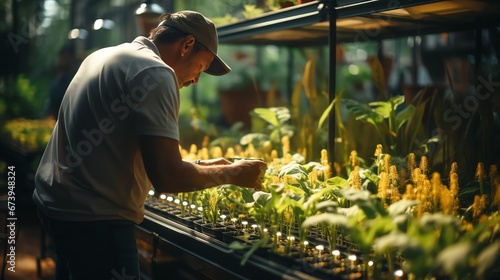 Blurred image. Farmers use tablets to analyze data and experiment with growing corn. AI data innovation helps improve crop efficiency for quality Generate AI