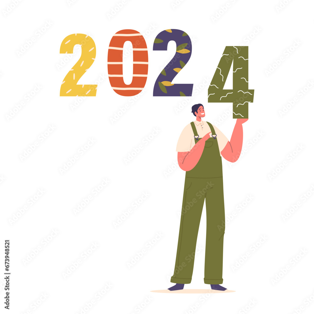 Cheerful Man Proudly Holds The Numbers 2024 Isolated on White Background. Happy Male Character Radiating Hope Cheerful Man Proudly Holds The Numbers 2024 Isolated on White Background. Happy Male Character Radiating Hope