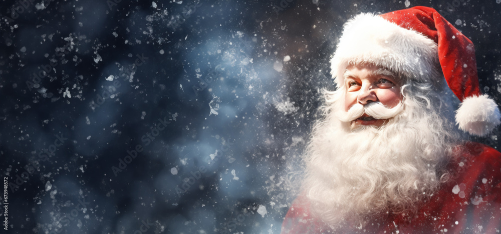 bannière d'une tête de père noël sur fond de flocon de neige et de paillettes flouté bannière d'une tête de père noël sur fond de flocon de neige et de paillettes flouté