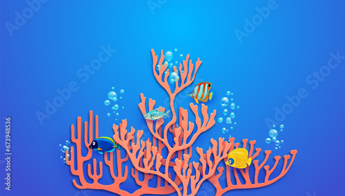 Sea paper cut corals and tropical fish on blue ocean water vector background. Cartoon copperband butterflyfish, blue and yellow tang fish swimming with bubbles near 3d papercut layered branch corals