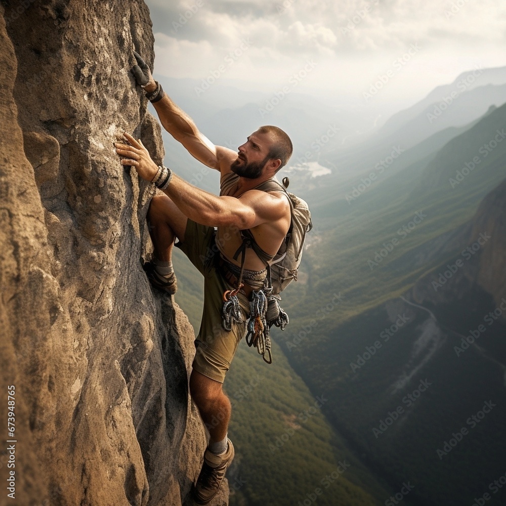 man climbing on a mountain - obrazy, fototapety, plakaty 