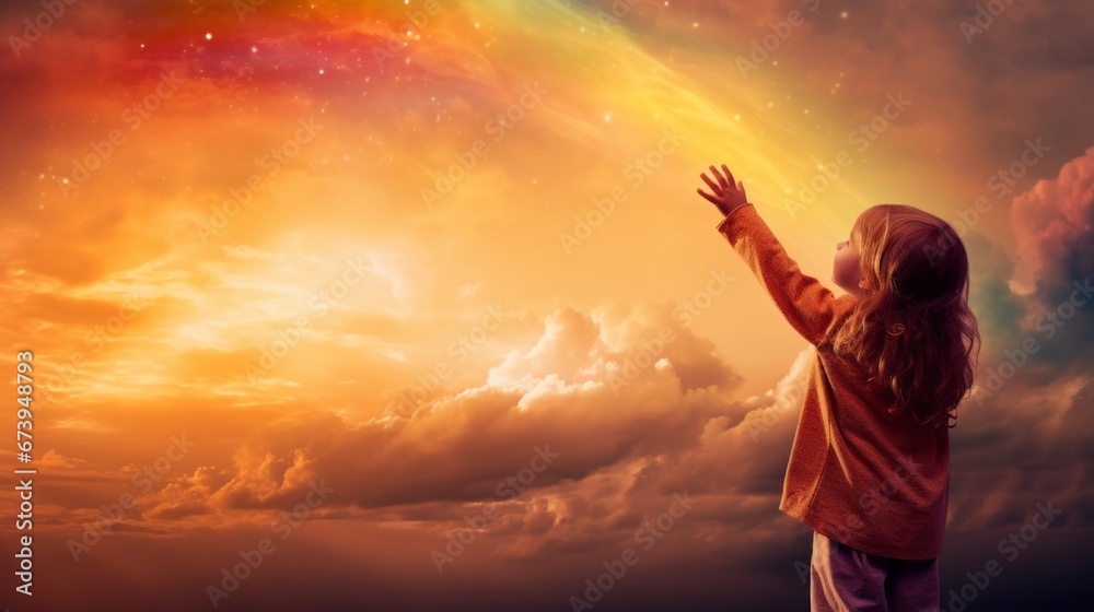 A child pointing excitedly at a rainbow in the sky A child pointing excitedly at a rainbow in the sky