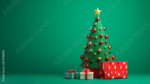 christmas gifts on green background with christmas trees  decorated christmas tree with red and green gift bags and christmas candy