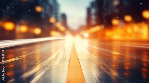 Rainy wet night in the big city, empty road with blur background. AI generated image