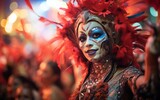 Primer plano de mujeres latinas celebrando el carnaval en su comunidad con espectacular maquille. Reinas del carnaval. 