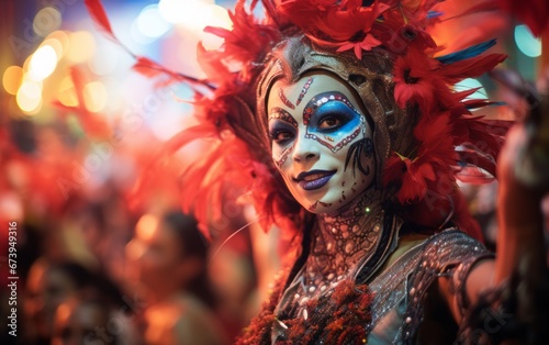 Primer plano de mujeres latinas celebrando el carnaval en su comunidad con espectacular maquille. Reinas del carnaval.  photo