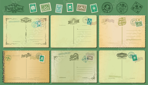 Saint Patrick day antique postcards, retro postage stamps and vintage mail. Vector greeting cards with marks clover shamrocks, Leprechaun top hats, ale mugs and horseshoe for traditional celebration