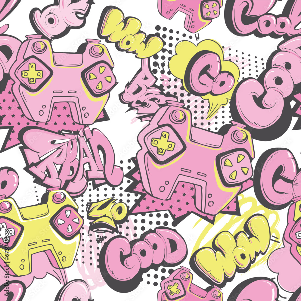 Seamless pattern with gamepads and Graffiti words Best, good, cool, go. Repeat lettering ornament. Gaming print with gamepad pink, blue, yellow colors.