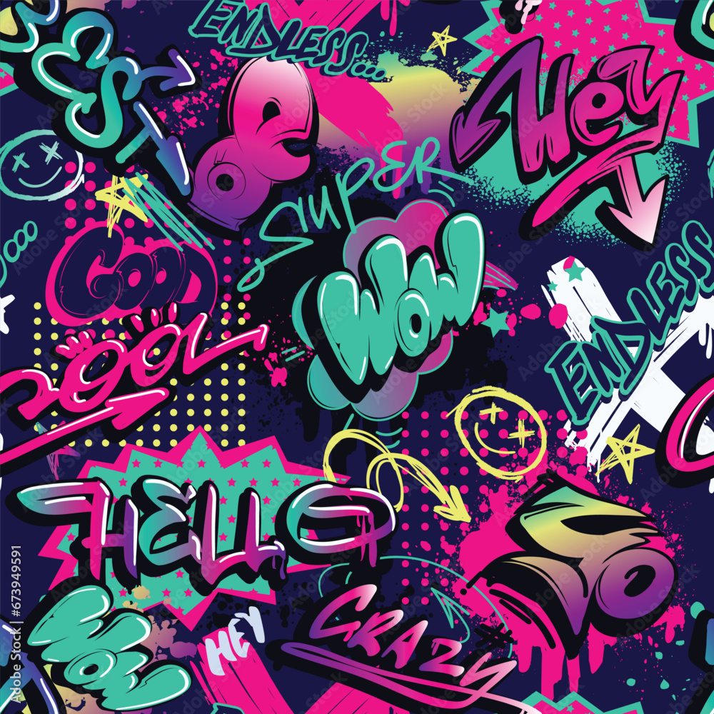Seamless pattern with Graffiti text. lettering ornament. Graffiti words good, Wow, be best, cool. Comics pattern