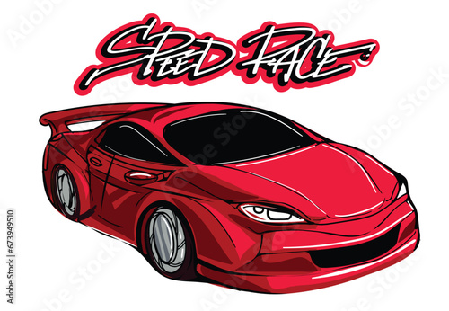 Red sport car illustration for t shirt design. Automobile speed race poster. Lettering print with race auto.