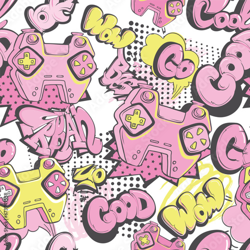 Seamless pattern with gamepads and Graffiti words Best, good, cool, go. Repeat lettering ornament. Gaming print with gamepad pink, blue, yellow colors.