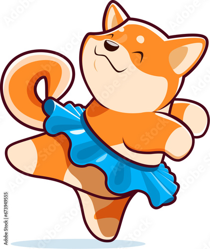 Cartoon dog Shiba Inu character as dancing ballerina, vector kawaii animal pet personage. Kid cute happy Shiba Inu puppy dog in dance for baby mascot or cute kawaii dog emoji
