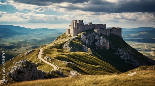 Rocca Calascio is a rocca, or fortress perched atop a mountain, located in the Abruzzo province of Italy. photo