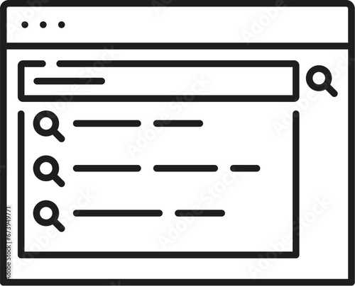 Text autocomplete. Serp icon. Search engine result page. Isolated vector linear sign, displays suggestions as users type, enhancing efficiency, offering quick access to search results and information