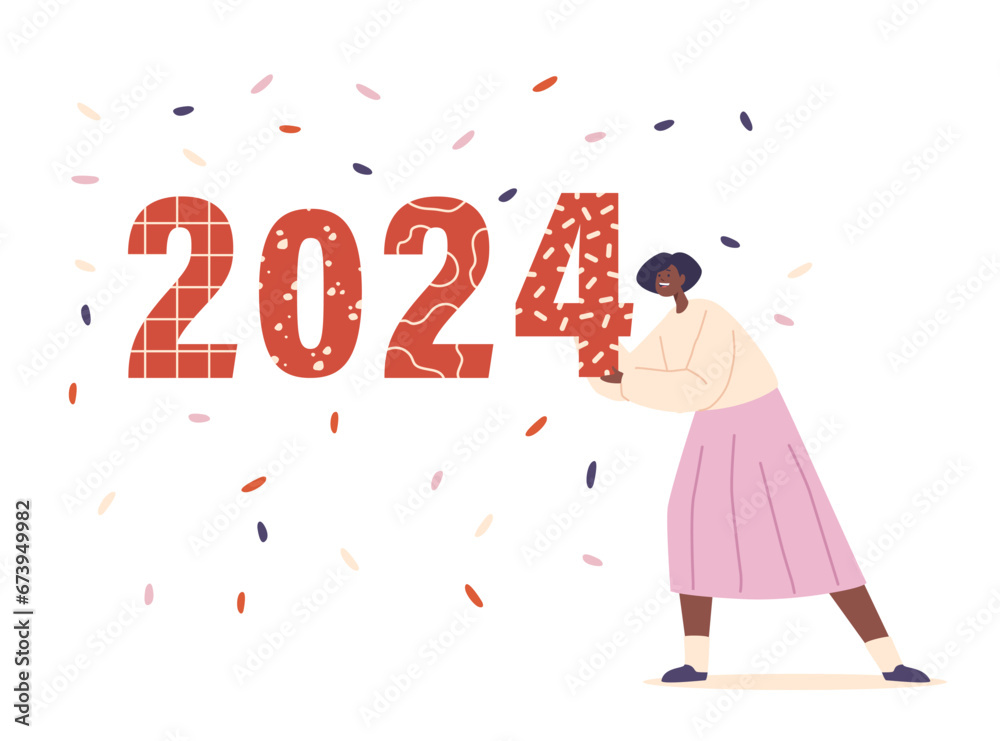 Fototapeta premium Joyful Woman Holds The Numbers 2024 With Hopeful Smile. Cartoon People Vector Illustration