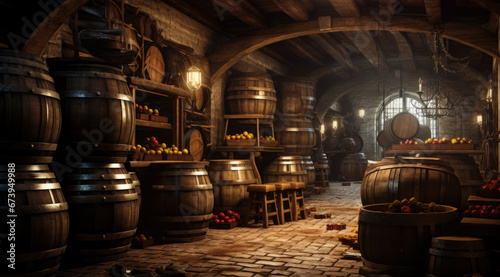 Old cellar with bottles and barrels under castle making wine. © Ruslan Gilmanshin