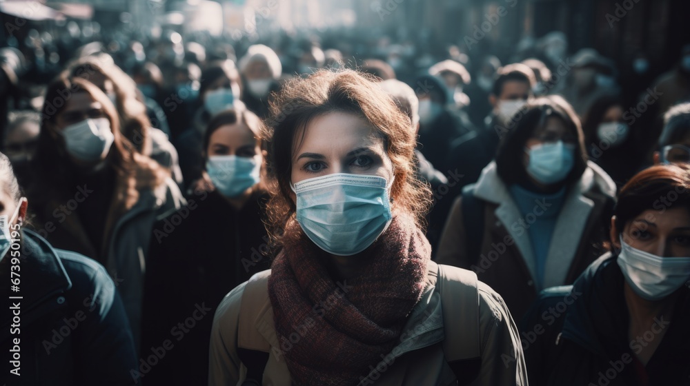 Person with a face mask in a crowded space - obrazy, fototapety, plakaty 