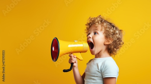 Portrait of boy holding megaphone on yellow background. AI generated