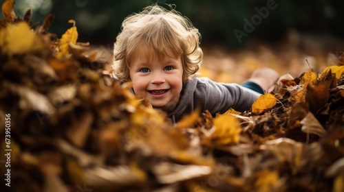 A child playing in a pile of leaves