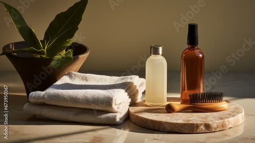 White Towel And Oil Bottle On A Marble Table