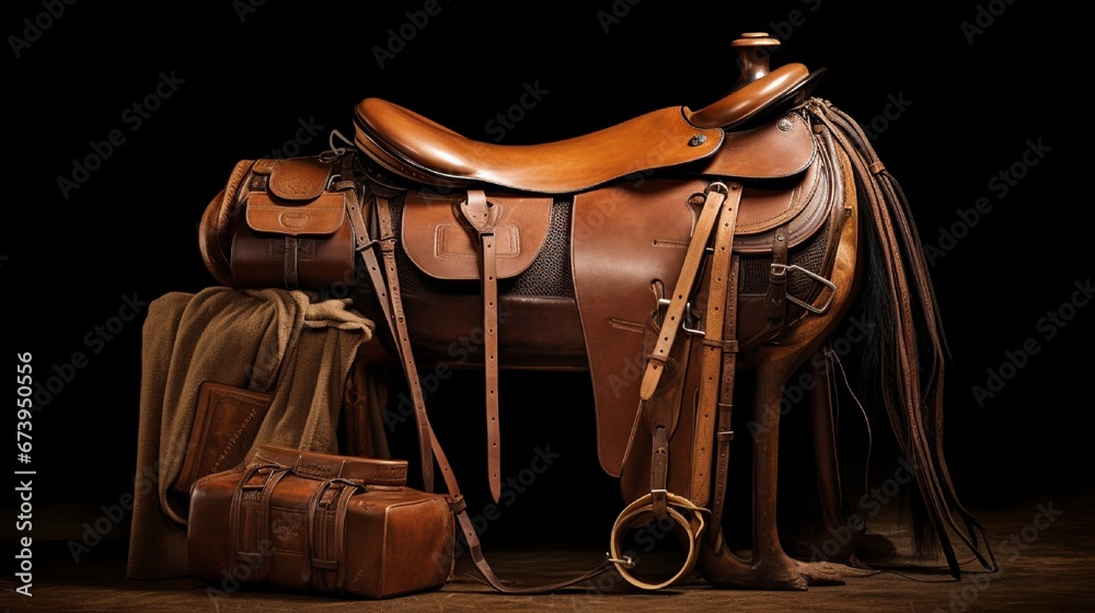 Equestrian saddle and gear meticulously arranged, imbued with a sense of anticipation.