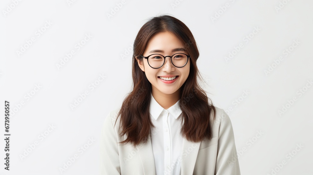 Portrait smiling young asian woman wear eye glasses on white background. AI generated Portrait smiling young asian woman wear eye glasses on white background. AI generated
