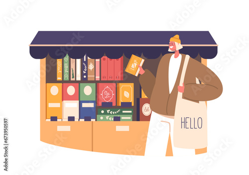 Woman Character With A Thoughtful Expression Browses Shelves, Choosing Books In A Quaint Store, Vector Illustration
