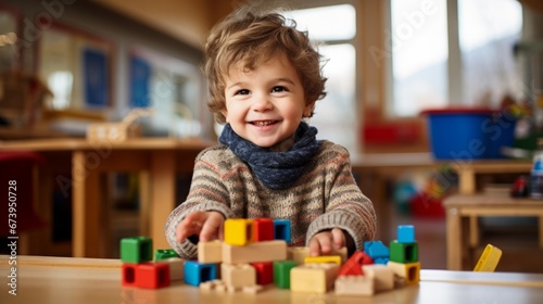 A young boy playing with building blocks in a preschool