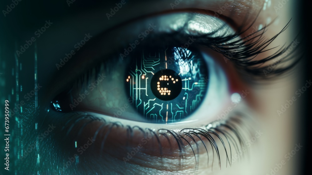 A close up of a person's eye being scanned by an iris recognition system - obrazy, fototapety, plakaty 