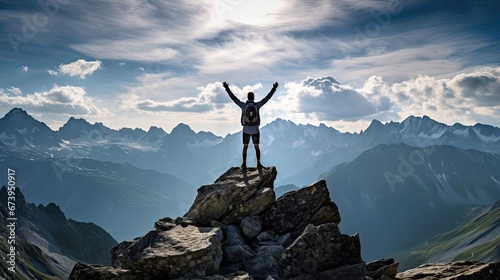 A man stands on the top of a mountain with his hands raised