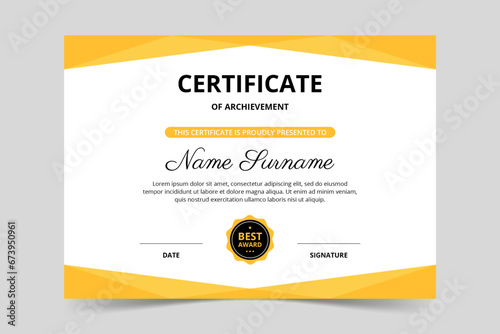 Modern elegant yellow certificate template. Appreciation for business and education. Vector illustration