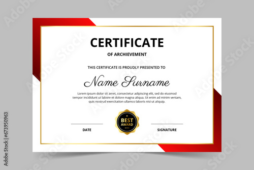 Modern elegant red and gold certificate template. Appreciation for business and education. Vector illustration