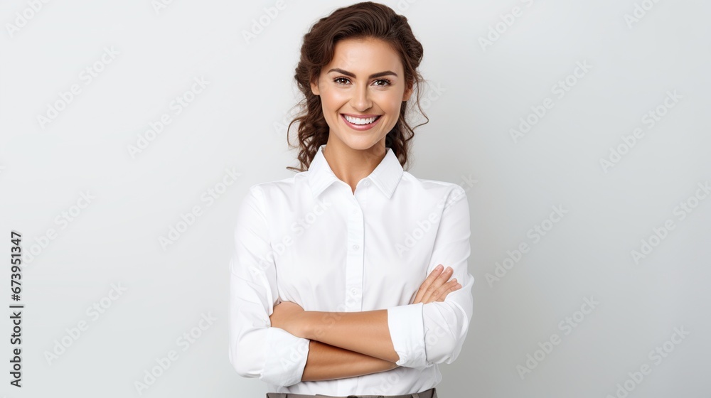 Beautiful businesswoman in white button up shirt. AI generated image Beautiful businesswoman in white button up shirt. AI generated image