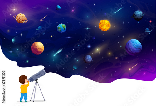 Boy kid looking through a telescope space planets at night, vector astronomy and education. Cartoon boy character observing galaxy planets, stars, meteors and asteroids on starry sky background