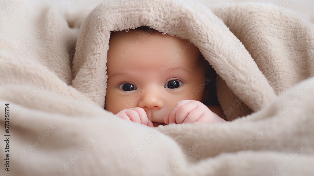 Newborn baby's tiny toes peeking out from a blanket Newborn baby's tiny toes peeking out from a blanket