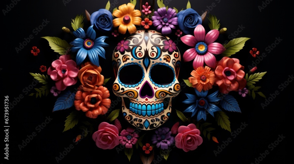 Skull, flower wreath black background. Happy Halloween concept.