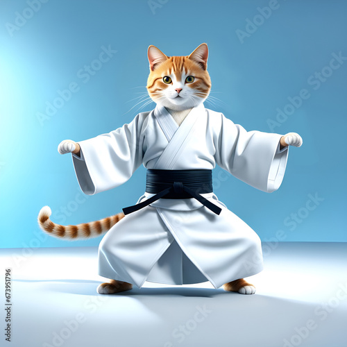 Chat en kimono et ceinture noire, en position d'art martial, karaté, aïkido, judo, Kung-fu - IA générative © CURIOS